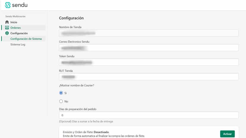 Parámetros de configuración para operar con Sendu