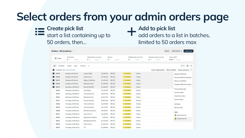 Select orders for the pick list