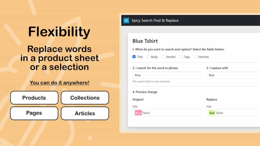 Replace words in a product sheet or selection - Search &amp; replace