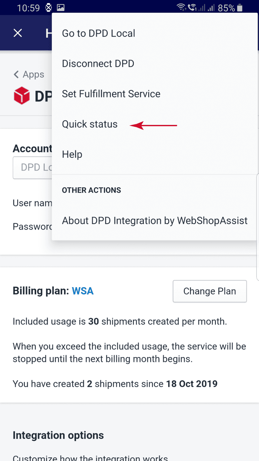 Menu to start the Quick Status page on mobiles
