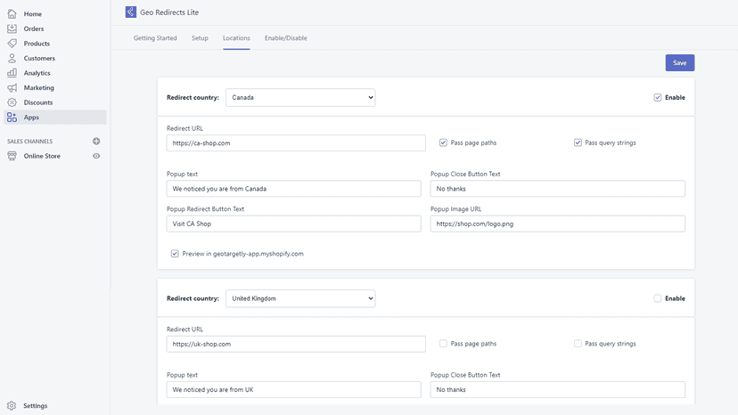 Select countries to redirect and specify redirect URL