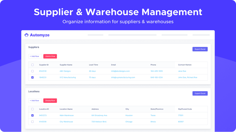 Organize information for suppliers & warehouses