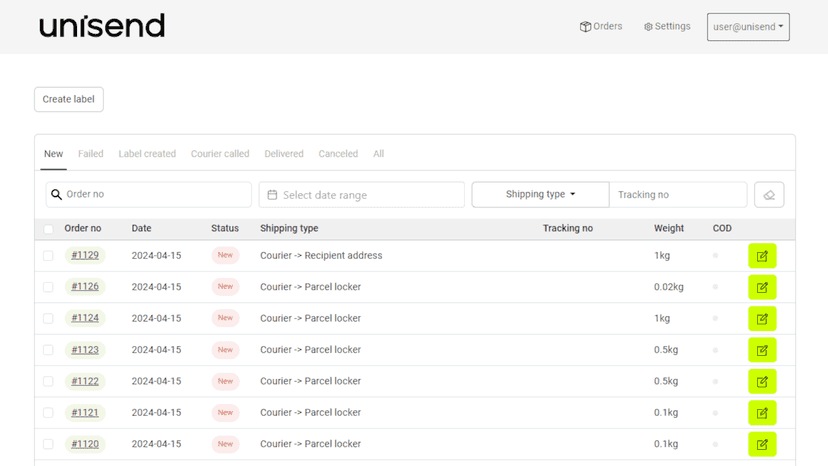 Orders list page