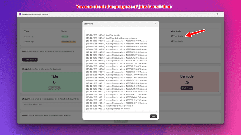 Real time progress logs available. Duplicate finder.