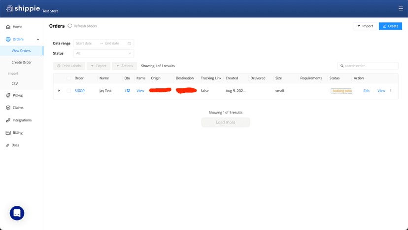dashboard where you can manage deliveries &amp; print labels