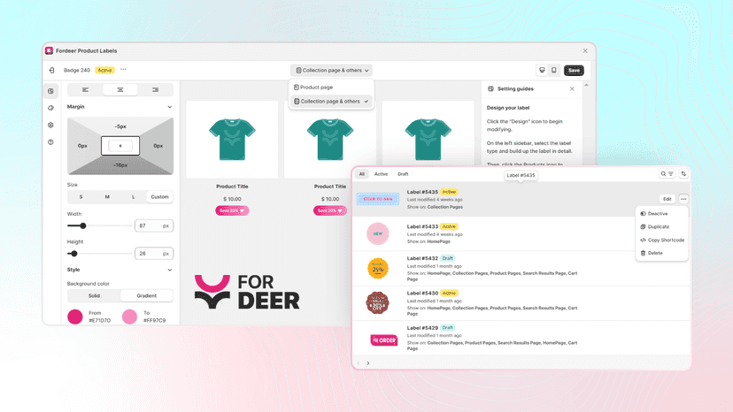 main interface of the app Product Labels & Badges 
