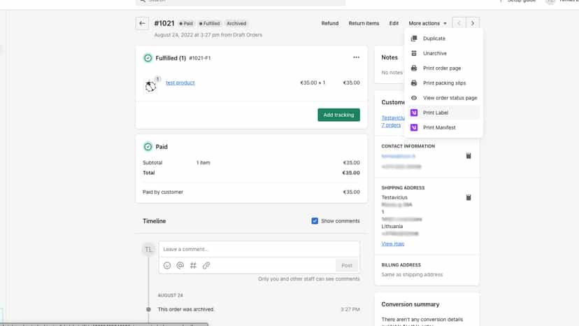 Print labels and manifest directly from order page
