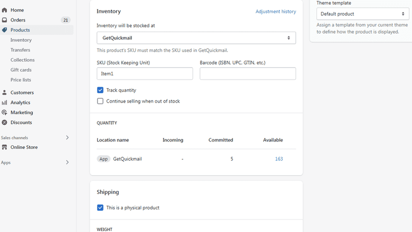 A product with inventory being managed by GetQuickmail