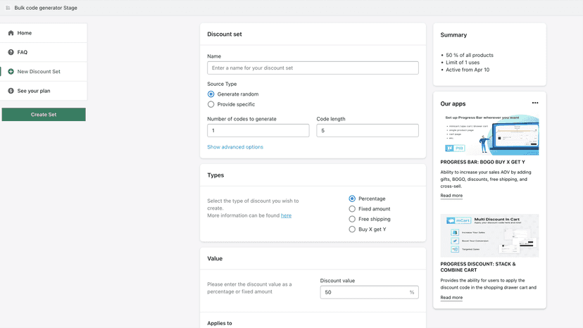Bulk discount code generator