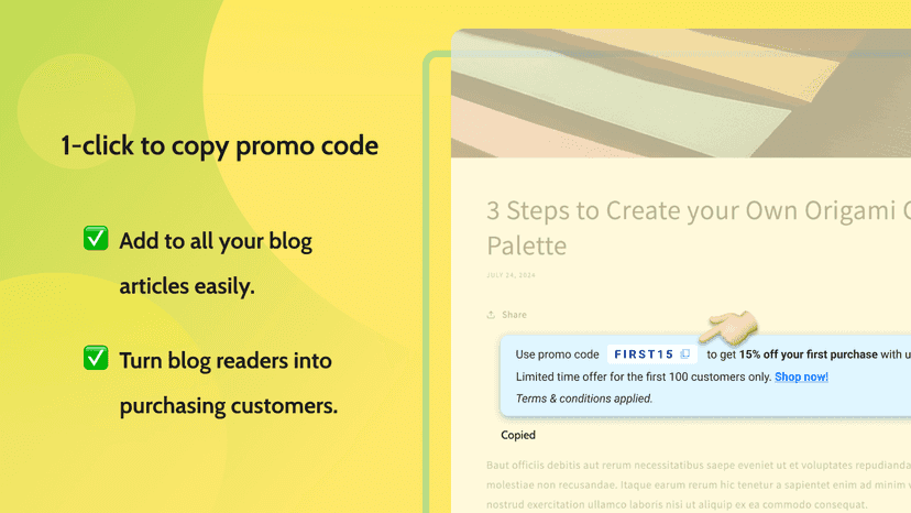 Shopify blog CTA click to copy paste upsell promo code discount