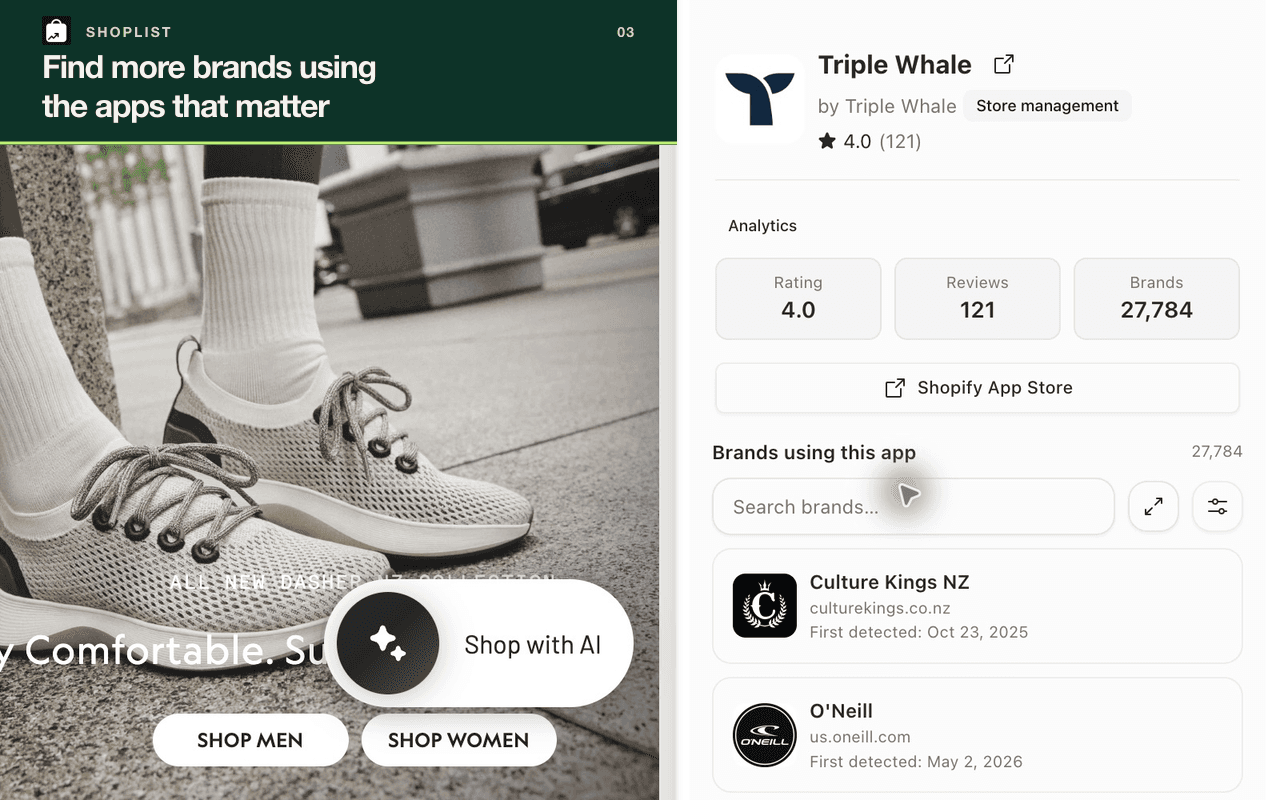 Shoplist app detail view showing brands with records for the selected app.