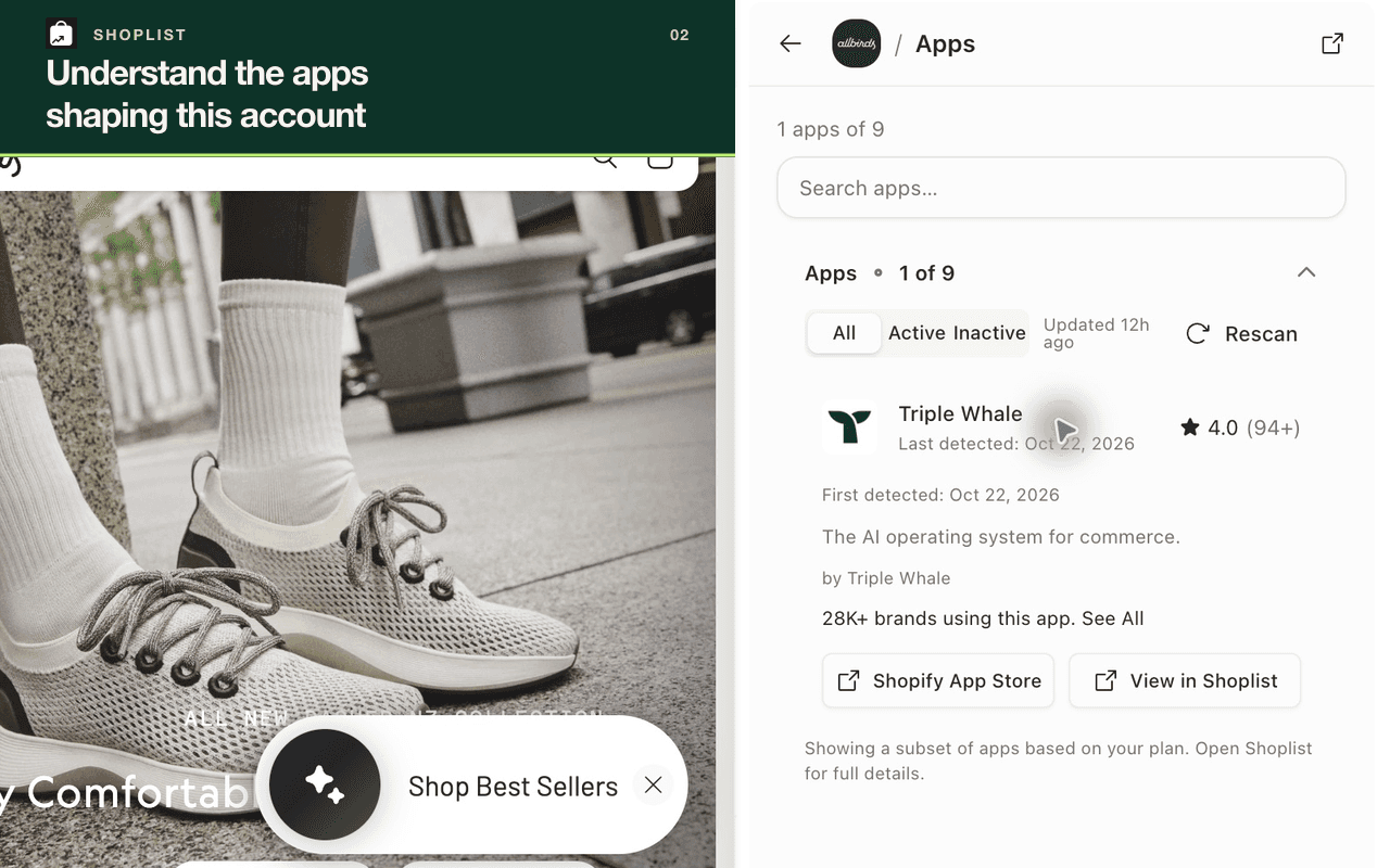 Shoplist Apps view with an expanded app and its observation context.