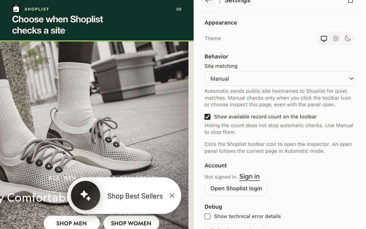 Shoplist extension settings showing Automatic and Manual matching controls.