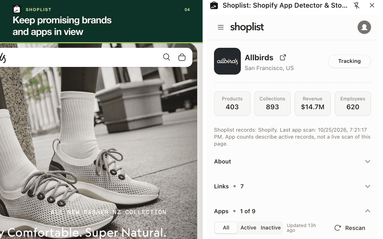A saved Track state for a brand or app in the Shoplist extension.