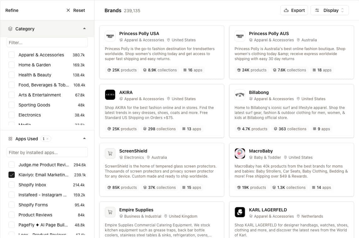Brands filtered by Klaviyo, with app filter selected and matching brand cards.