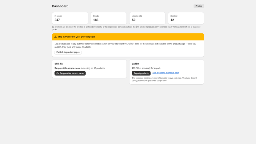 Readiness counts, with the prompt to publish to product pages.