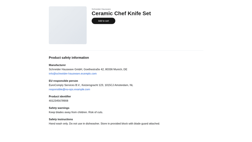 Safety details shown to customers on the product page.