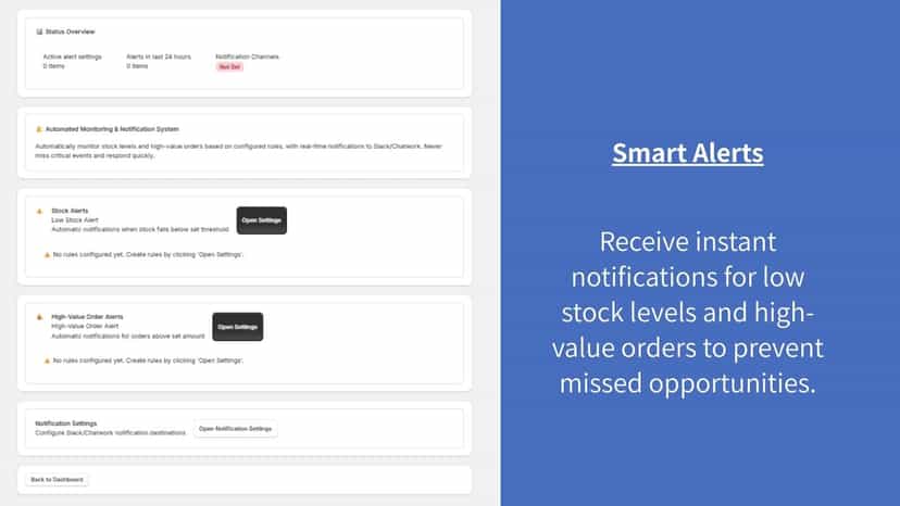 Real-time alerts for low stock and high-value orders.