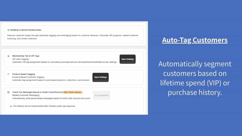 Auto-tag customers by VIP status and purchase history.
