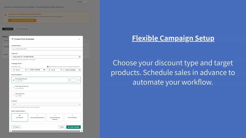 Schedule sales campaigns with auto price rollback.