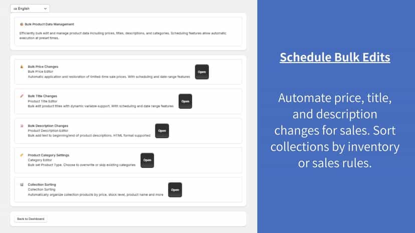 Dashboard: Bulk edit prices, titles & schedule sales.