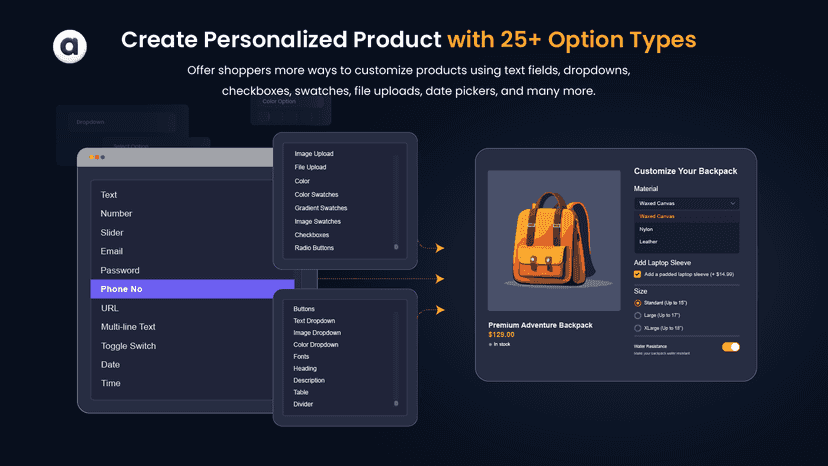 Support 25+ field types to use as custom product/variant options