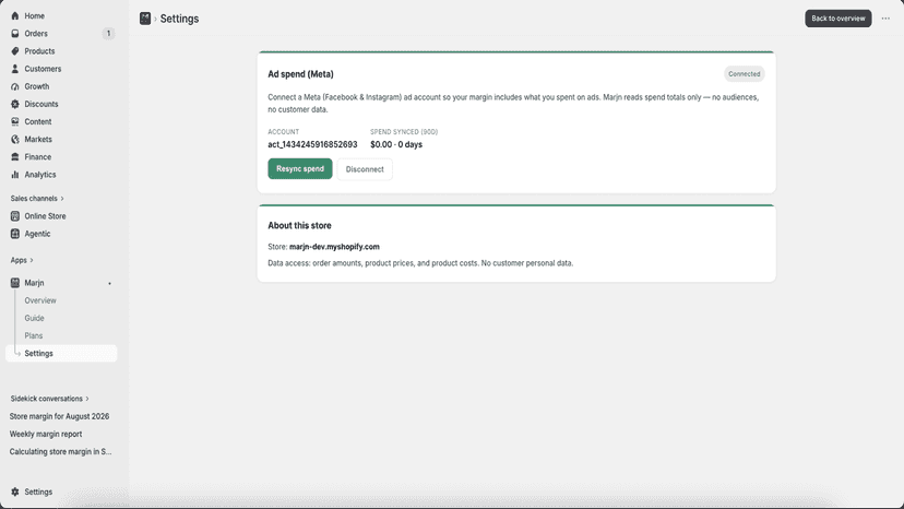 Marjn app Settings page with Meta ad account connected and info