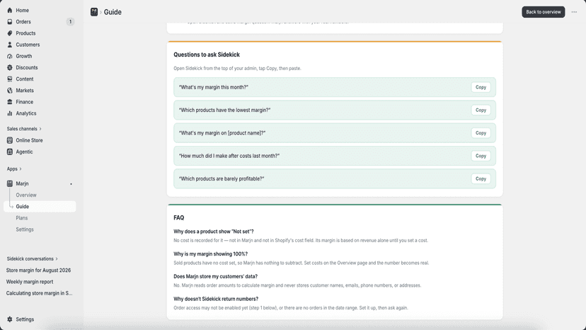Marjn app Guide with Sidekick question prompts and FAQ section