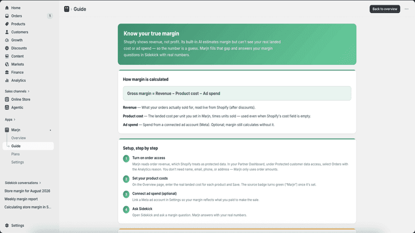 Marjn app Guide page explaining how margin is calculated setup