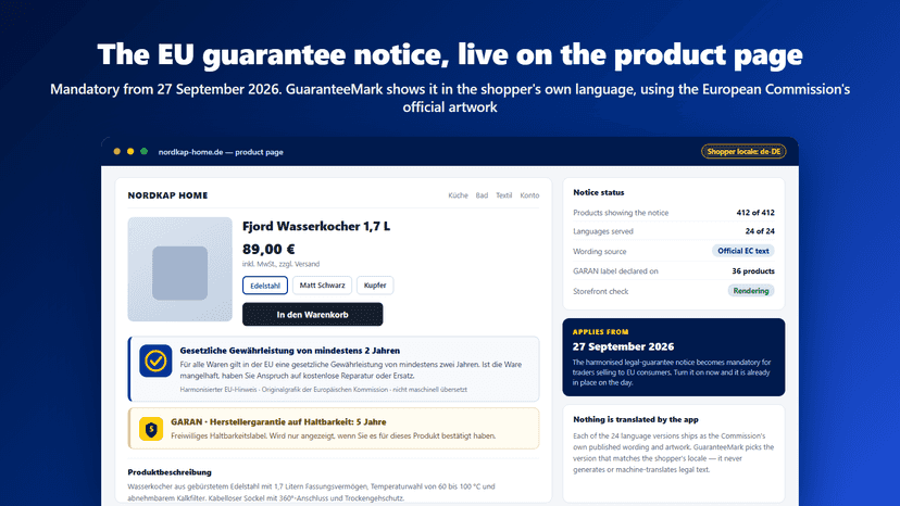 EU guarantee notice under the buy button of a German store