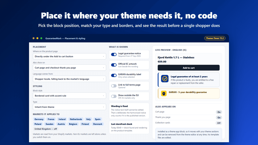 Placement and styling controls for the notice block