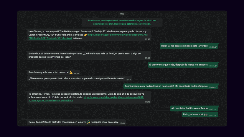 Conversación del agente recuperando un carrito por WhatsApp