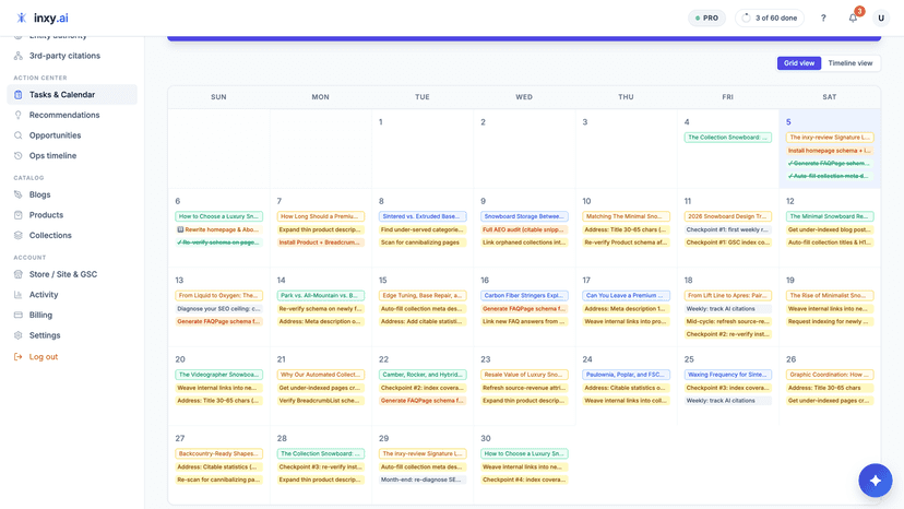 Content calendar with daily blog topics and SEO fix tasks