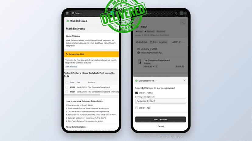 Mobile preview of Mark Delivered app with DELIVERED stamp