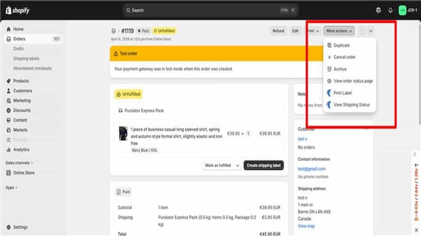 Shipment details page contains label and shipping status button