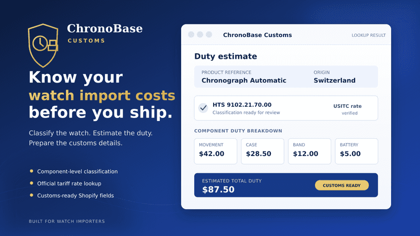ChronoBase watch HTS and duty estimate dashboard