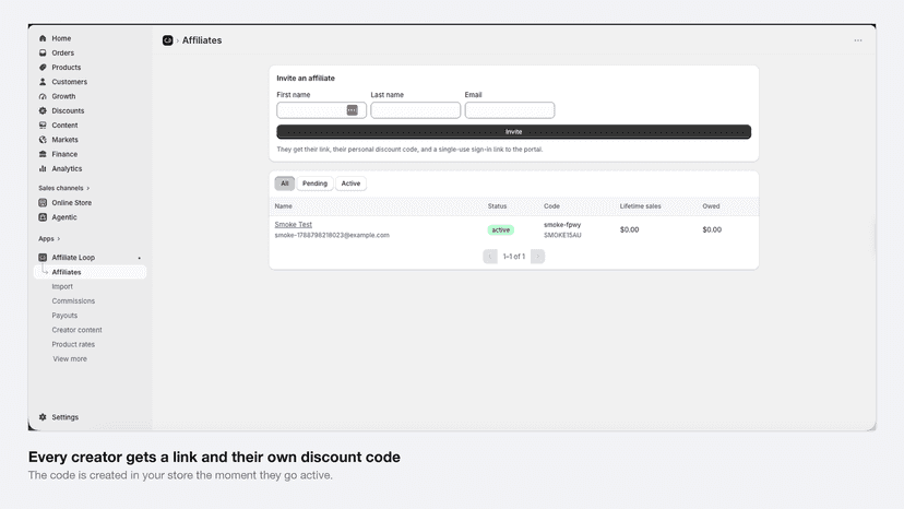 Affiliate list with invite form, codes and lifetime sales