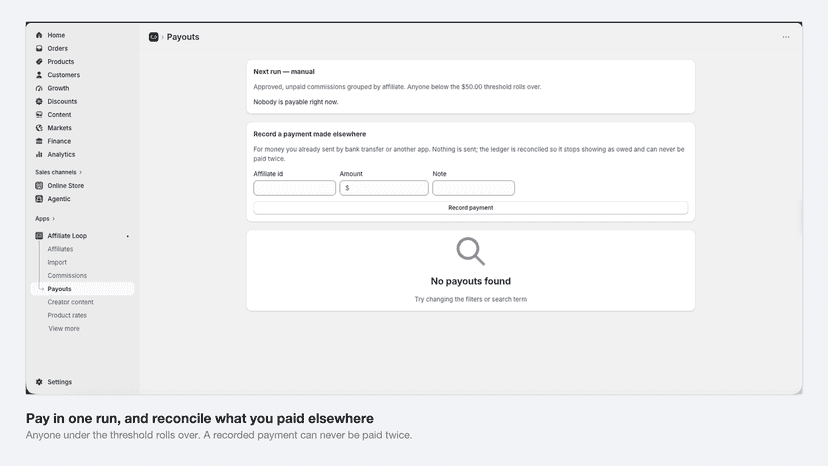 Payout run with rollover threshold and payment reconciliation