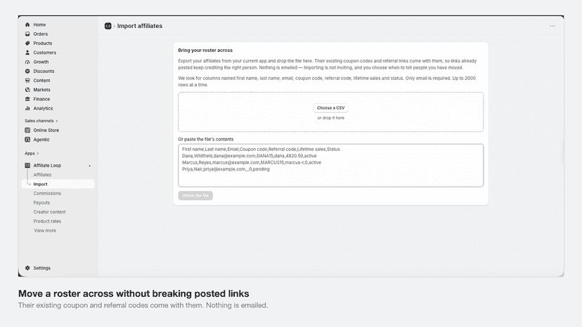 CSV importer previewing a roster before anything is written