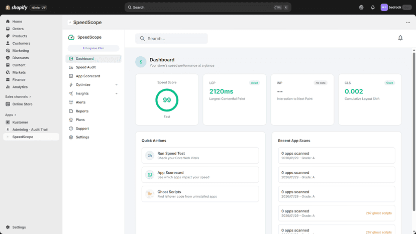 SpeedScope dashboard showing store speed score, Core Web Vitals.