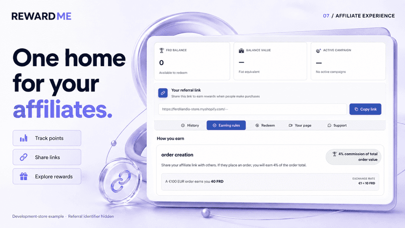 Affiliate dashboard with points, rewards, and page tools