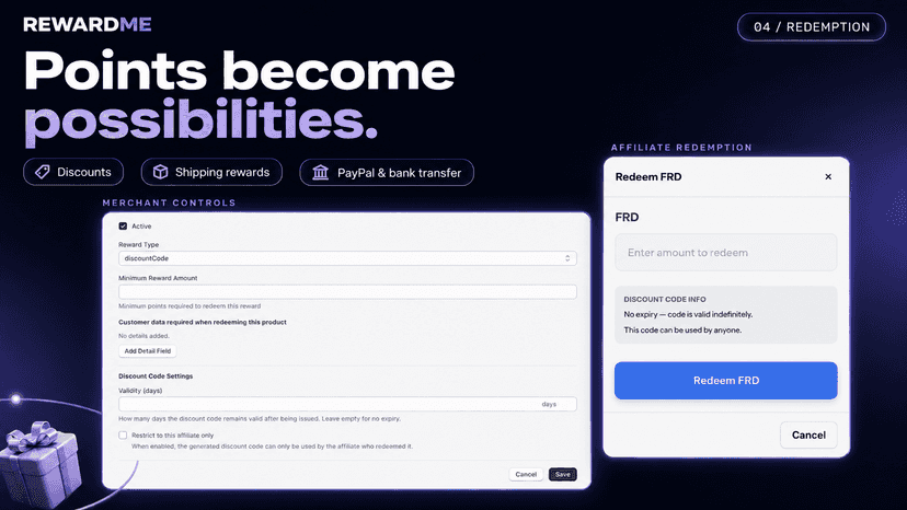 Discounts, shipping rewards, and manual payout requests