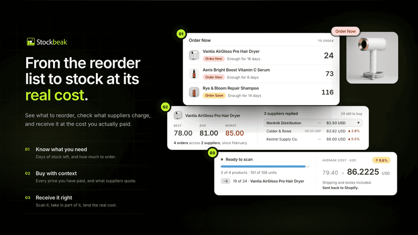 Stockbeak reorder, supplier comparison, and receiving workflow