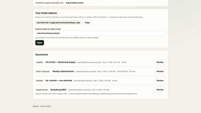 Inbox listing emailed purchase orders and their read status