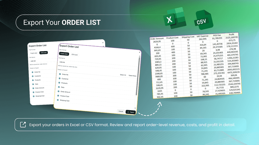Order list export to Excel or CSV with revenue and profit