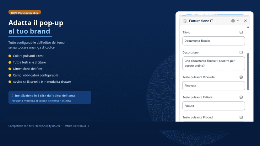 Pannello di configurazione del pop-up nell'editor del tema Shopi
