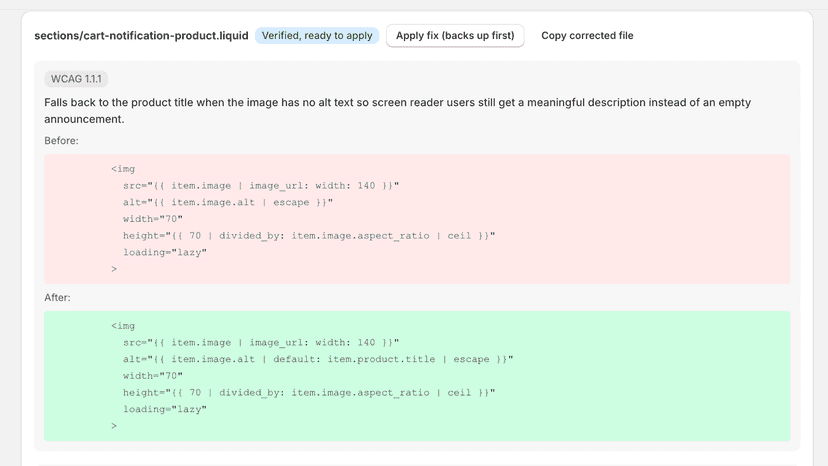 Before and after code for a missing image alt text fix