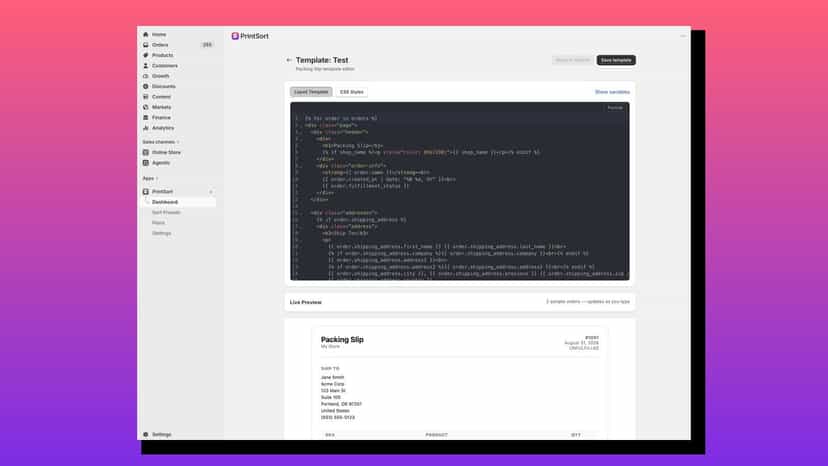 Liquid template editor with live packing slip preview