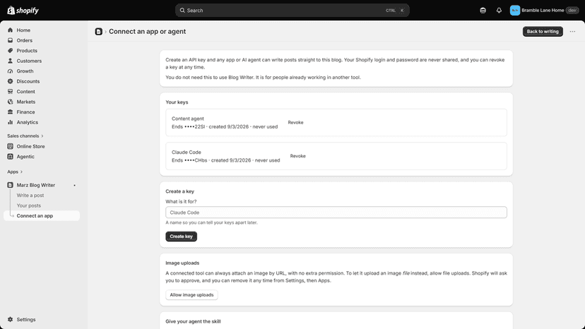 Named API keys, masked, with revoke buttons