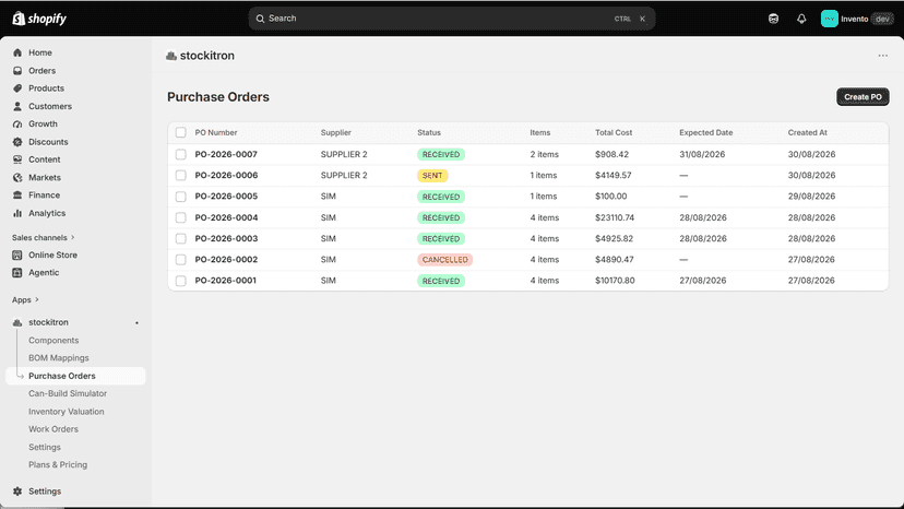 Purchase Order Screen